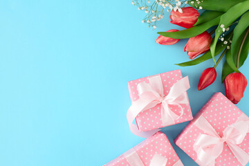 Spring gift concept. Top view photo of gift boxes with silk ribbons, gypsophila flowers and tulips, on pastel blue background with blank space. Holiday card idea.