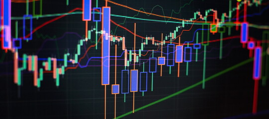 Financial data on a monitor which including of Market Analyze. Bar graphs, Diagrams, financial figures. Forex chart.