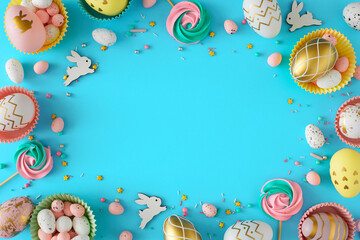Fototapeta na wymiar Sweet Easter concept. Flat lay photo of color eggs and easter candy with chocolate sprinkles and meringue cake toppers cute rabbits on pastel blue background with blank space in the middle.