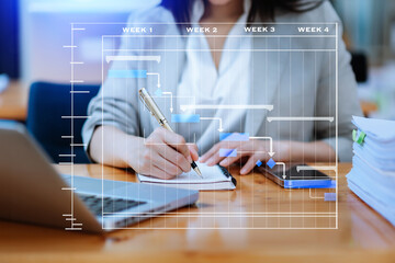 Project manager working and update tasks with milestones progress planning and Gantt chart scheduling diagram.business tram working at office..