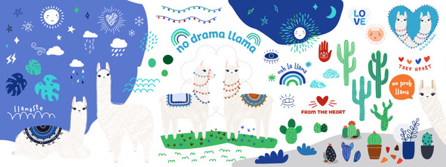 Collection of decorative design elements in trendy doodle style of llama, cactus, plants, symbols. Hand-drawn modern illustration. © ykim9956