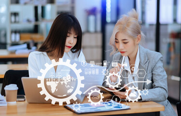 Business team working virtual modern smartphone to reduce CO2 emissions carbon footprint climate change to limit global warming.Sustainable development and green business concept. at office.