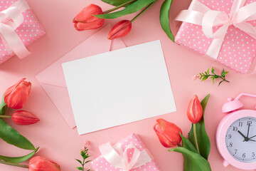 Woman day concept. Flat lay photo of envelope with white card and present gift boxes tulips flowers alarm clock on pastel pink background. March 8 celebration idea.