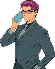 A man in a suit and glasses is talking on the phone. Serious conversation. A professional in his field. Resolving the issue remotely. Pop Art Retro