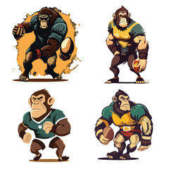 chimpanzee rugby player is doing the practice with vector illustration set