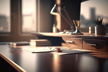 Fototapeta na wymiar Desk top and blurred office as background.