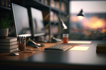 Desk top and blurred office as background.