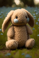 Obraz premium cute plush brown easter bunny rabbit toy in flower field created with generative ai 