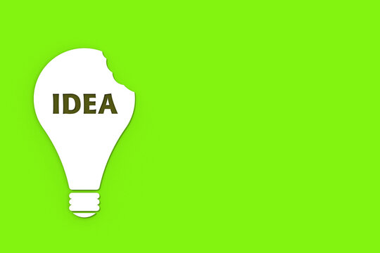 a white bitten light bulb with the inscription idea on a green background. teeth marks stealing an idea. plagiarism. copying other people's works. horizontal image. 3D image. 3D rendering.