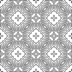  Monochrome ornamental texture with smooth linear shapes, zigzag lines, lace pattern.Abstract geometric black and white pattern for web page, textures, card, poster, fabric, textile.
