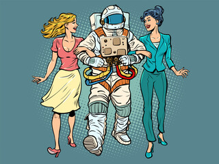 Date. A astronaut with two girls. Unconventional marriage. Friends are walking