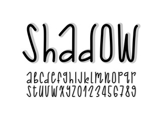 Hand drawn thin font, alphabet, rounded thin letters and numbers in cartoon style, vector illustration 10EPS