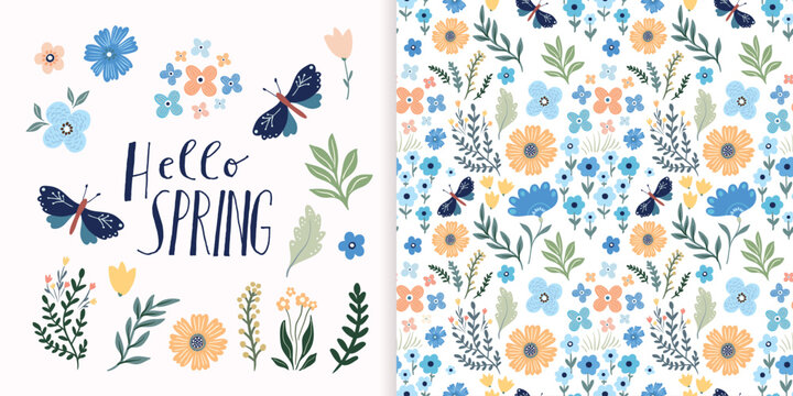 Hello Spring set with seamless pattern and beautiful collection of seasonal elements, butterflies, flowers and plants