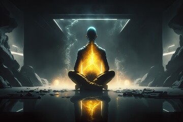 human meditating with glowing inner energy