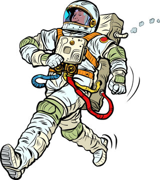 Pop art Astronaut winner proudly walks forward. Astronaut space suit