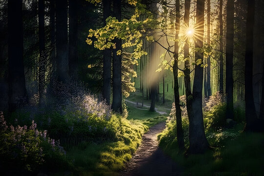 photos Beautiful forest in spring with bright sun shining through the trees photography made with Generative AI