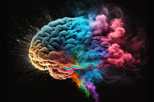 An illustration of a brain with colorful powder explosion, related to mental health, creativity, innovation, and ideas. AI generated.