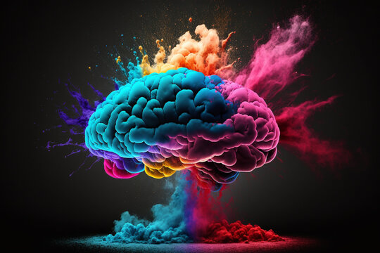 An illustration of a brain with colorful powder explosion, related to mental health, creativity, innovation, and ideas. AI generated.