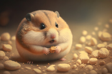 a chubby hamster stuffing its cheeks with food, with its tiny paws grasping the pellets Generative AI