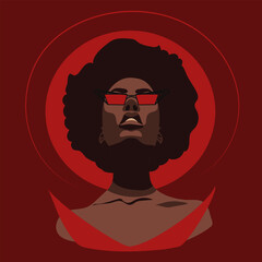 A modern African woman in retro red glasses and jewelry. A curly-haired African-American woman looks at you with glasses on a red background. Vector illustration of a beautiful strong woman. Devil