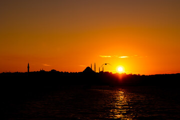 Naklejka premium Silhouette of Istanbul. Seagull and mosque with sun.