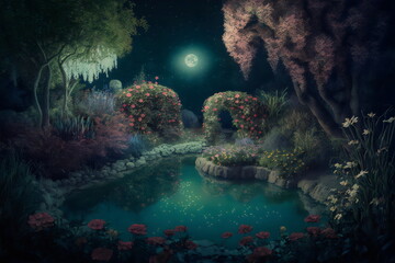 Obraz premium fantasy night waterscape with flowers and stars created with generative ai 