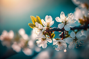 Photos Branches of blossoming cherry macro with soft focus on gentle light blue sky background in sunlight with copy space. Beautiful floral image of spring nature, photography made with Generative AI