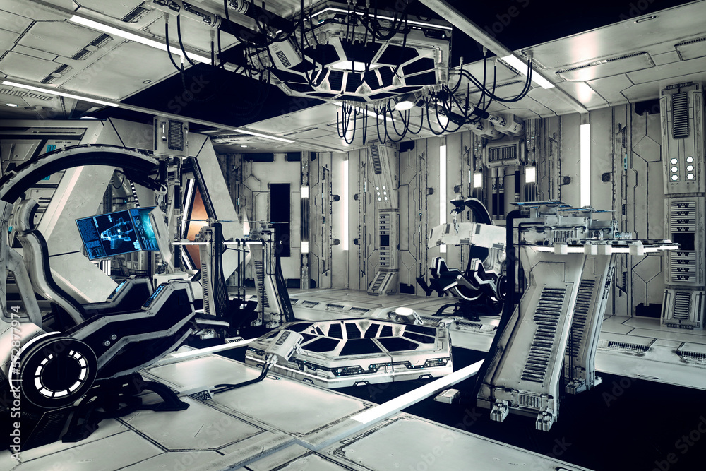 Poster bright futuristic science fiction control room in a space ship or station with high tech equipment. 