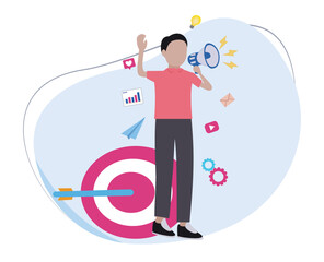 man achieves digital marketing target. man working in shopping sales. illustration of a man doing marketing using a megaphone
