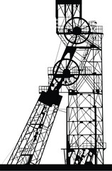 Monochrome isolated mine pile driver sillhouette. Vector illustration. Mining industry mechanics