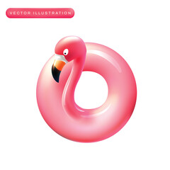 Vector realistic 3d pink flamingo, tropical bird shape inflatable swimming pool ring, tube, float. Summer vacation holiday rubber object, traveling, beach ocean. Illustration isolated white background