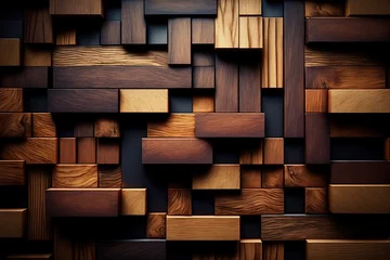Fensteraufkleber Tiled wall in the style of a timber wall. Blocks of natural wood and tile wallpaper. Generative AI © MUNUGet Ewa
