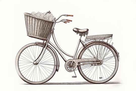 a classic bike with a basket illustration in sketch style. Generative AI