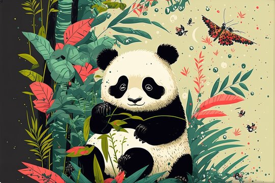 A beautiful panda munches on bamboo amid a bamboo grove decked up with colourful, asian-inspired dragonflies, paint splatters, and spots. Generative AI