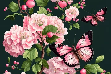 Möbelaufkleber Light and breezy springtime. blossoming apple tree surrounded by butterflies and splatters of pink paint. Generative AI © MUNUGet Ewa