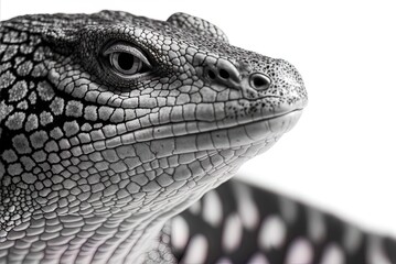Picture of a black and white tegu from Argentina in closeup on a white backdrop. Generative AI