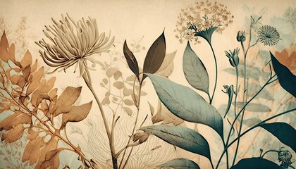 Abstract art vintage floral background vector. Minimalistic flowers & leaves background. Generative AI.