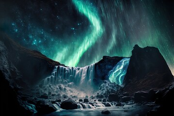 Northern Lights over a Waterfall at Night Generative AI