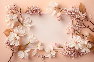 Fototapeta na wymiar Beautiful spring nature background with lovely blossom, petal a on soft pink background , top view, frame. Springtime concept made with Generative AI