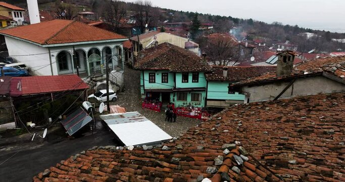 Historical Village With Stone Brick Roofed Houses In Cumalikizik Near Bursa, Turkiye. Aerial Drone Shot