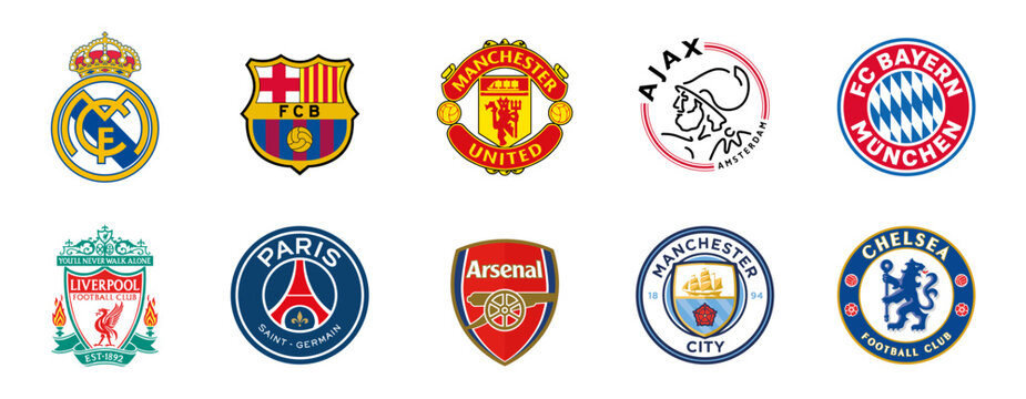 Football club logos. The most popular football clubs in the world. Top 10. Real Madrid, Manchester United, Bavaria, Barcelona, ​​Ajax. VINNITSA, UKRAINE - DECEMBER 16, 2022