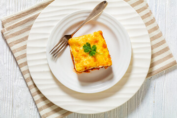 Greek Pastitsio on white plate, top view