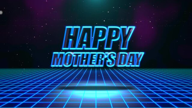 Happy Mother Day with blue grid and stars in galaxy in 90s style, motion holidays and retro style background