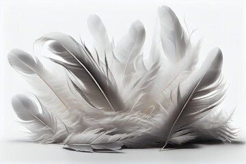White albino bird feathers close-up on white isolated background, delicacy and softness, design background, copy space. Generative AI