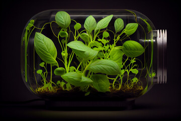 The metaphor of a closed ecosystem. Fresh green shoots inside a closed glass jar. AI.