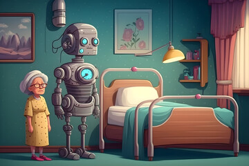 Geriatric care future of grandmother with AI robot nurse. Generative AI 