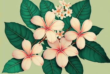 Plumeria blossoms and leaves on a green backdrop, suitable for use in the design and decorating fabrics, paper, wallpaper, apparel, post cards, and posters. Generative AI