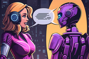AI chat bot in conversation with a women with message bubbles in comic style made using AI