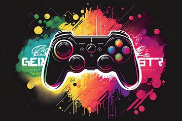 Black banner with white gamepad and multicolored glitch effect joystick for character control in video games; let's play idea for gamers. Generative AI
