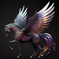 A winged horse with a magical appearance, including a sparkling horn and iridescent wings